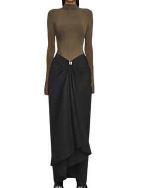 Innovare Denim Apria Bodycon Ruch Pleated Front Maxi Dress Brown/Black Medium